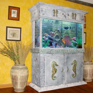 This is a 110 gal.Seahorse Aquarium with a Three Dimensional Background inside the tank. Sea life can interact with the background. All pipes and pump