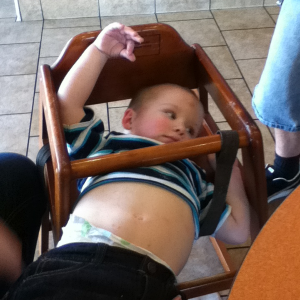 We went to Dunkin Donuts and he kept tryin to escape his highchair. He wanted donuts lol.