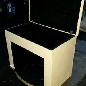 Painted outside white, inside black, attached European style hinges to lid/back panel.