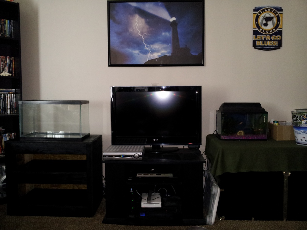 Both 10g and 5g tanks besides the tv.