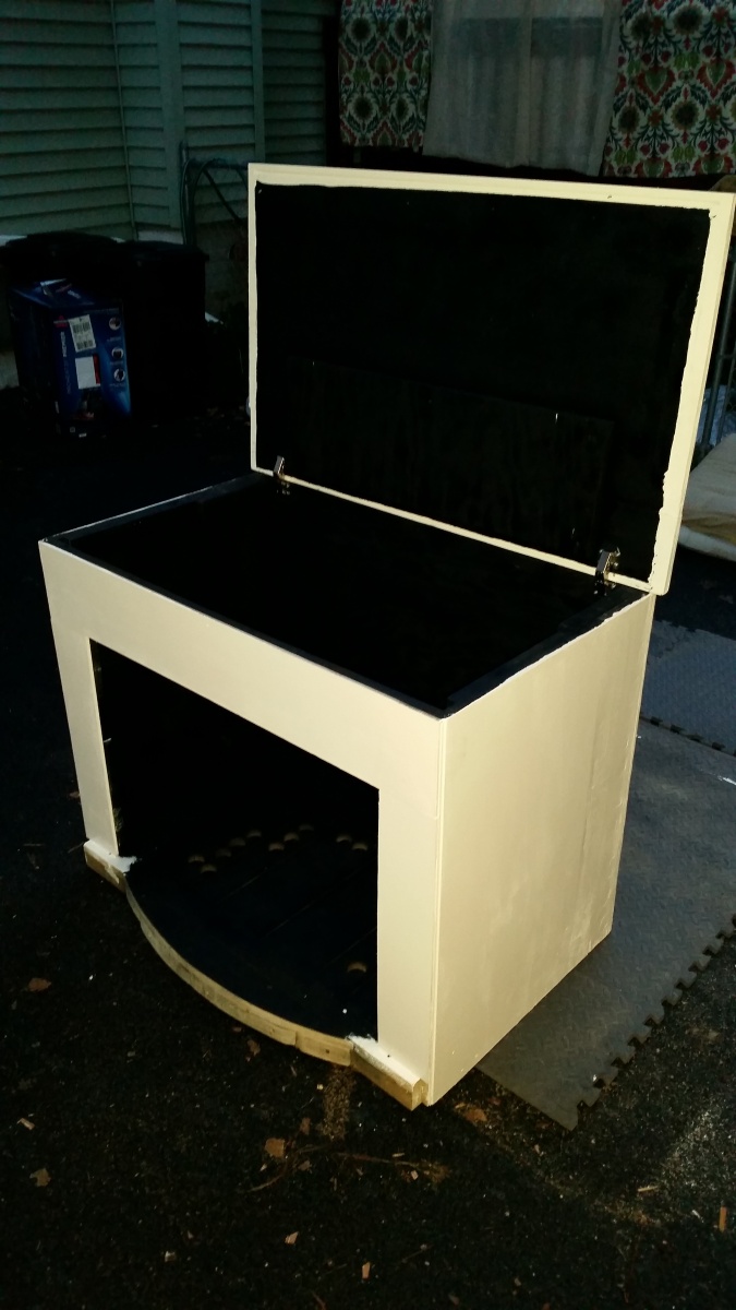 Painted outside white, inside black, attached European style hinges to lid/back panel.