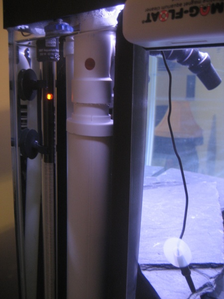 Side view of overflow, heater, thermometer, and Mag-Float (least visible side of the tank)