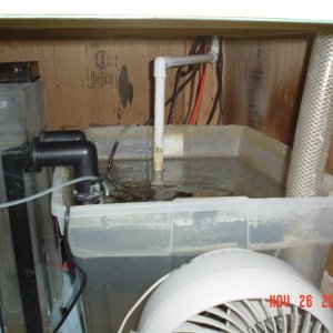 Here is a closeup of the sump.  A Rubbermaid 15 gallon plastic container makes up my sump.  Cost me about $5 a Wal-Mart.  I cheated and hung a Bak Pak