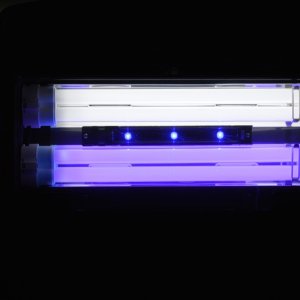 two coralife compact fluorescent lamps: 1 - 24 watt 10,000k and 1 - 24 watt actinic
one LED light bar with three Lunar blue LEDs
integrated ballasts w