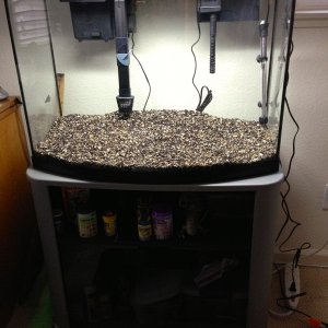 Empty tank, except for equipment and gravel.  Plan to remove some of the gravel, which is a combination of CaribSea Flora Max and Super Naturals. I pl