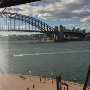 Sydney harbour from inside the Sydney opera house, taken in a break between shows