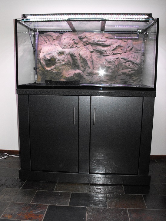 The tank is a standard 4’x2’x2’ obtained from my LFS.  It has 10 mm glass to which I have silicone glued a Universal Rocks Canyon 3d background to the
